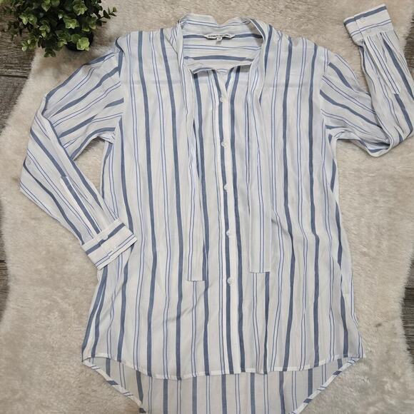 Elizabeth and James Blue and White Striped Tie Neck Button Up Blouse, Medium - Picture 2 of 8